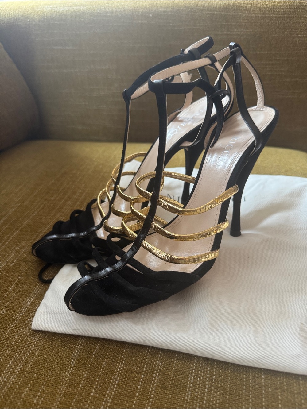 Nina Ricci Black and Gold Strappy T‑Bar Stiletto Sandals
